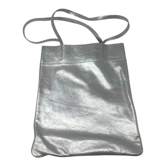 Madewell Silver The Magazine Leather Tote Bag Metallic Shoulder - Picture 3 of 10